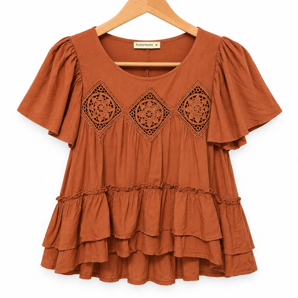 Rusttydustty Tops - Rusttydustty Top Womens Size Medium Rust Brown Peplum Hem Bohemian Festival NWT